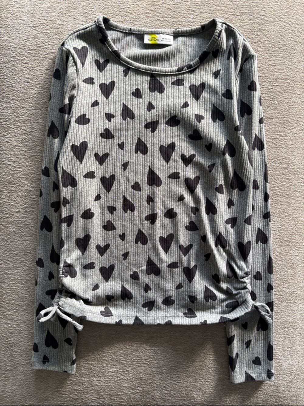Epic Threads Ribbed Long Sleeve Top with Black Heart Print